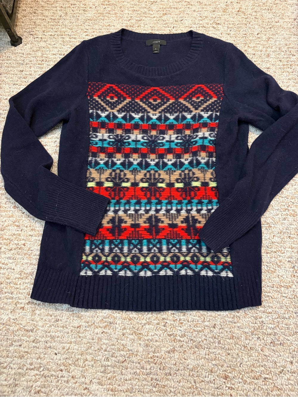 J. Crew 100% wool Navy Crewneck Sweater with Multicolor Fair Isle Panel